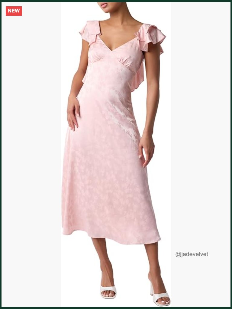 Flutter Sleeve Satin Jacquard Midi Dress V-Neck Cocktail Party Formal